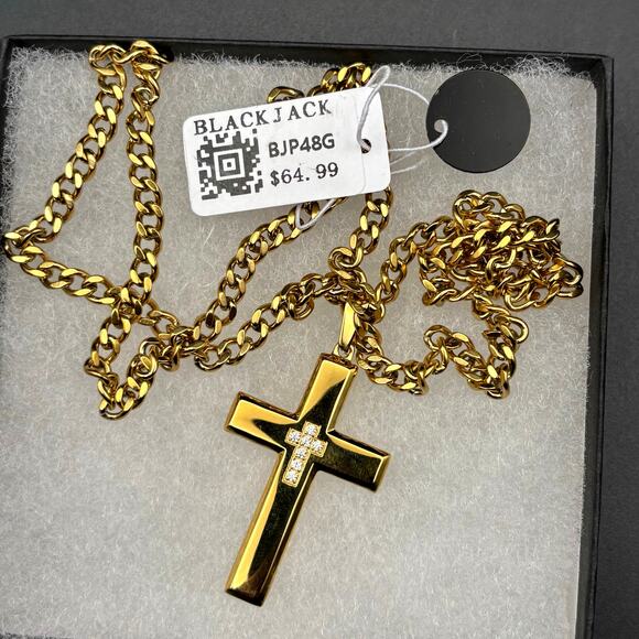 Blackjack BJP48G Mens 18K Gold Plated Stainless Steel Cross Necklace with CZ NWT - Picture 10 of 15